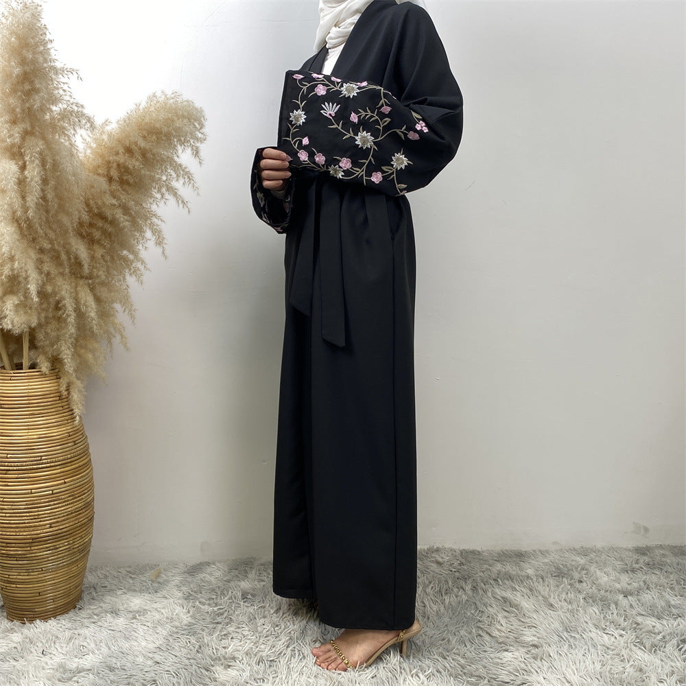 Peach Blossom Cotton Hemp Embroidery Abaya