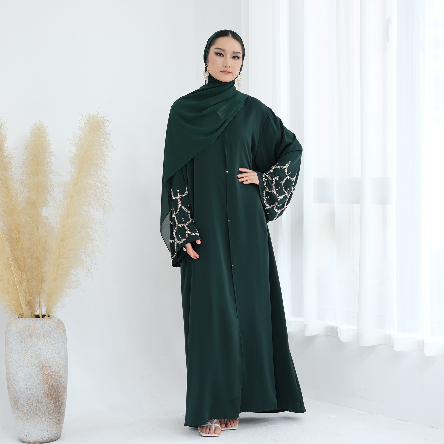Solid Color Beaded Embroidered Cardigan Abaya