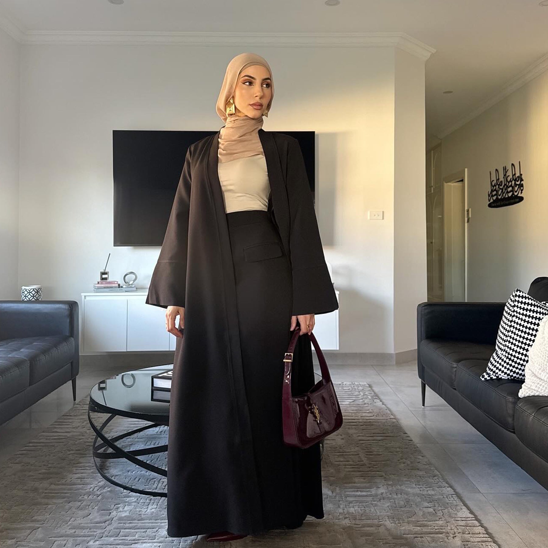 Solid Color Cardigan + Skirt 2PCS Abaya