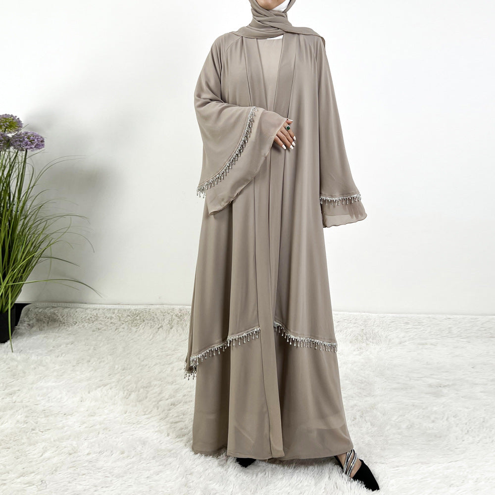 Chiffon Rhinestone Trumpet Sleeve Abaya Set