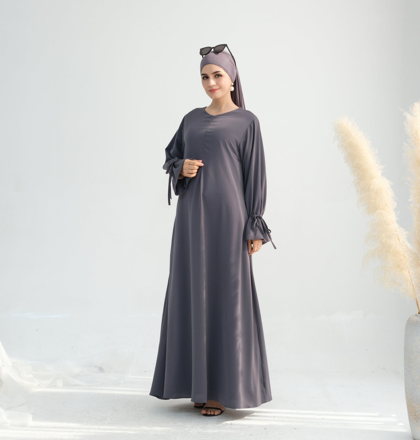 Solid Color Satin Abaya Maxi Dress