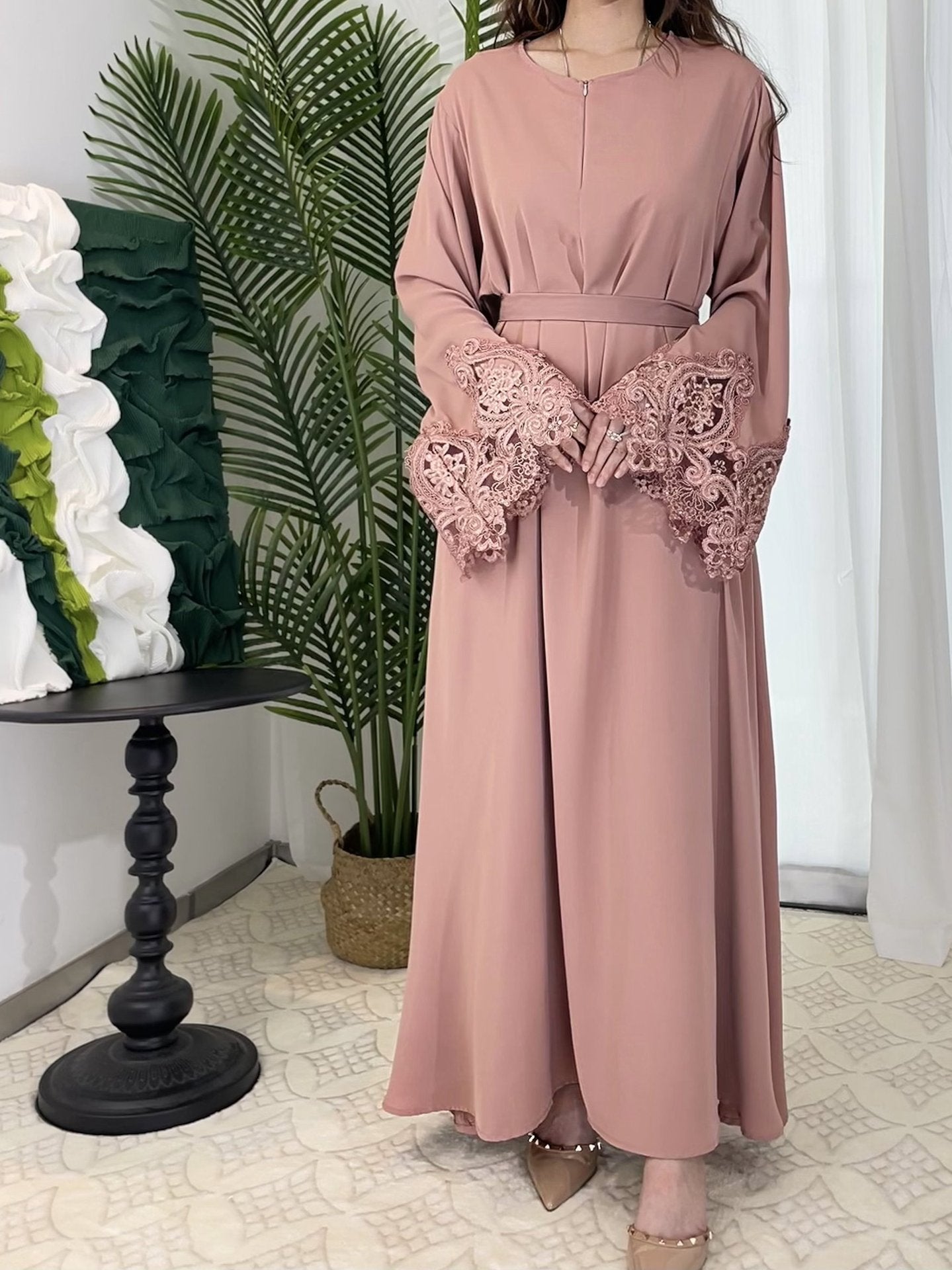 Solid Color Floral Lace Abaya