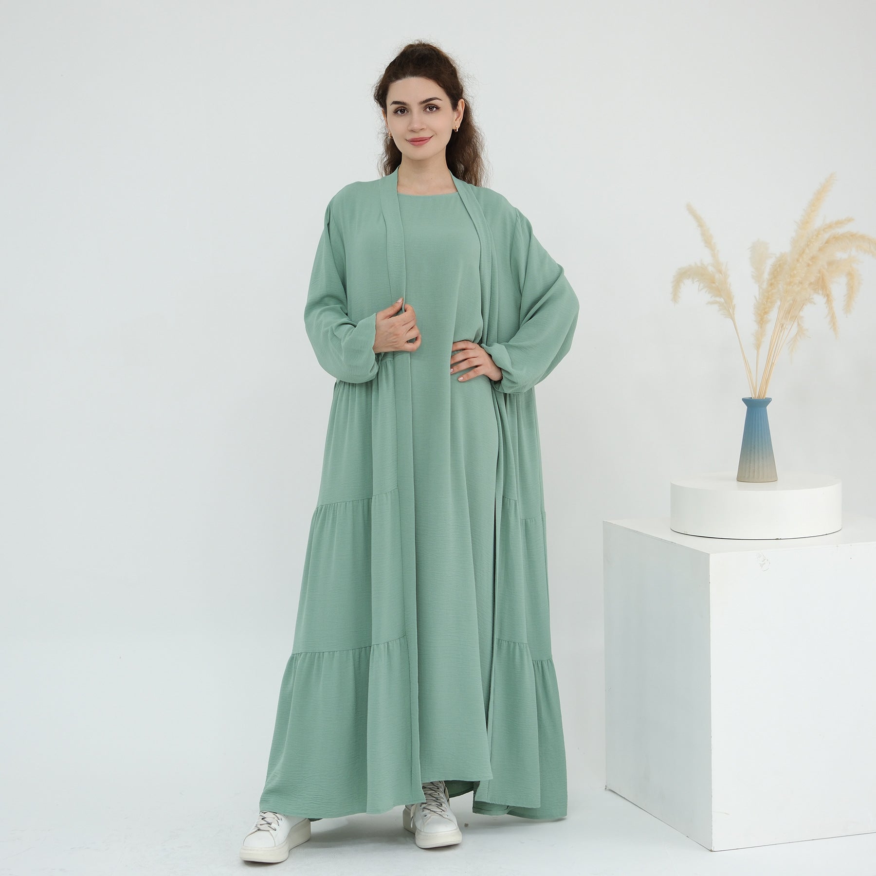 Solid Color Ruffled Two-Piece Abaya