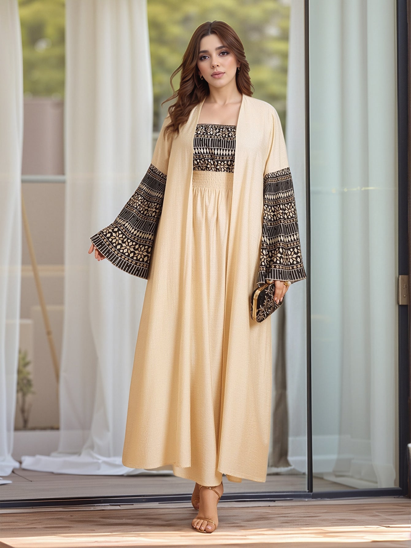 Printed Cardigan Halter Top 2PCS Abaya