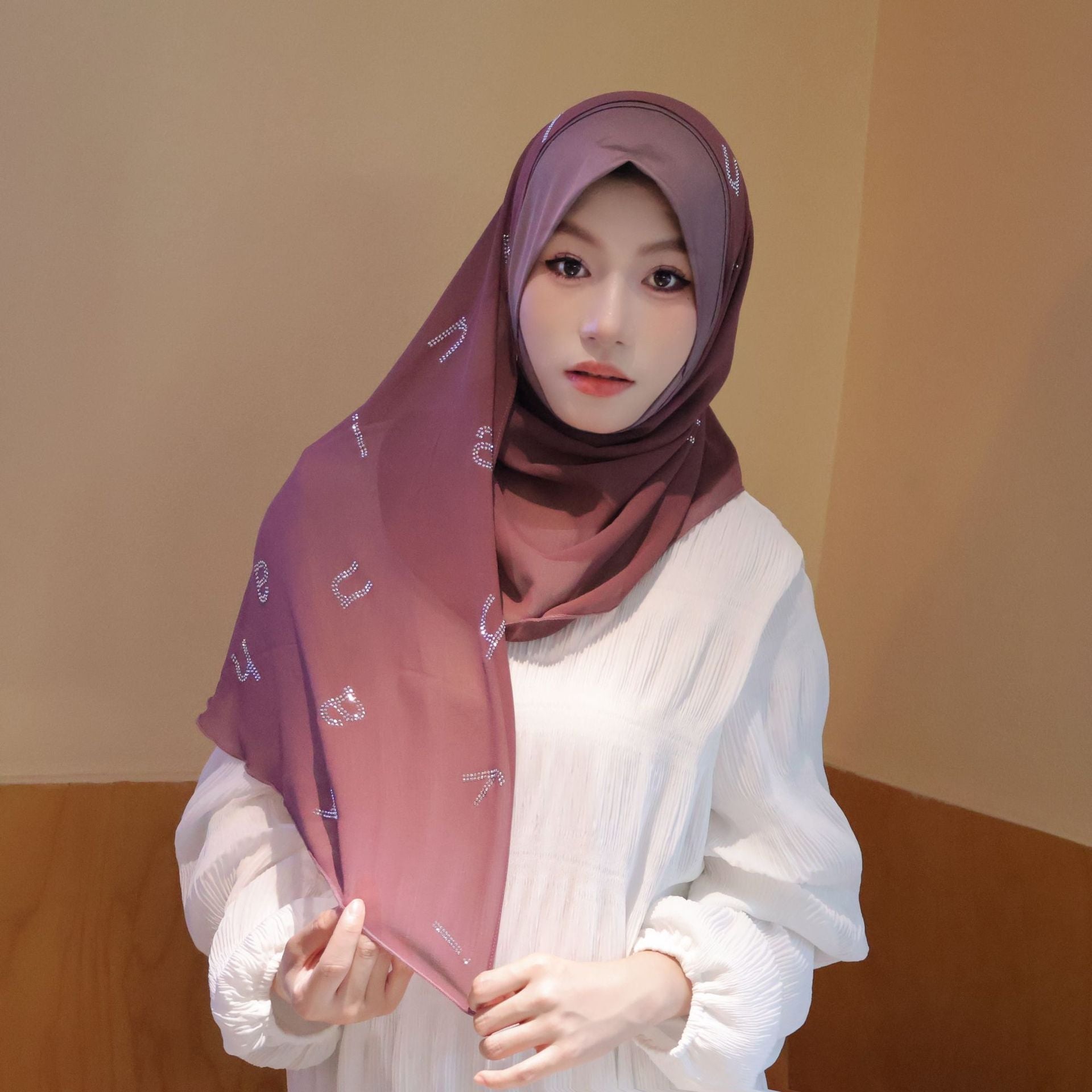 Chiffon Rhinestone Letter Half-Round Hijab