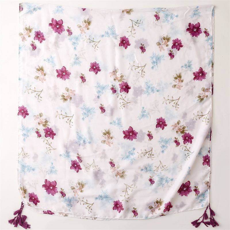 Cotton Linen Floral Hijab Scarf with Tassels