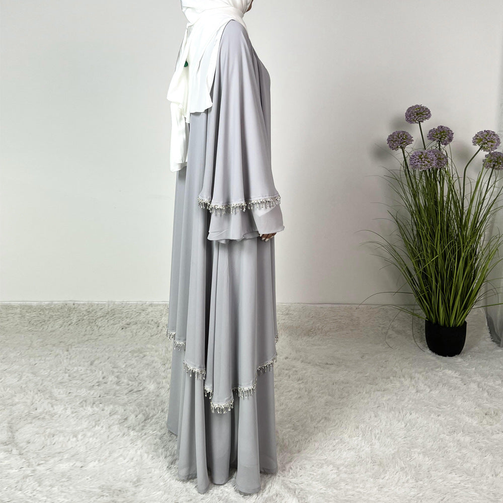 Chiffon Rhinestone Trumpet Sleeve Abaya Set