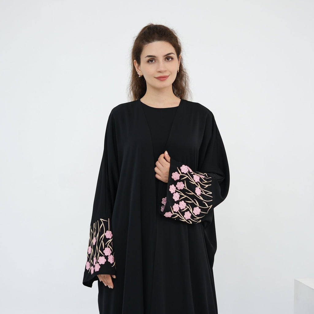 Flower Embroidery Cardigan Abaya with Hijab
