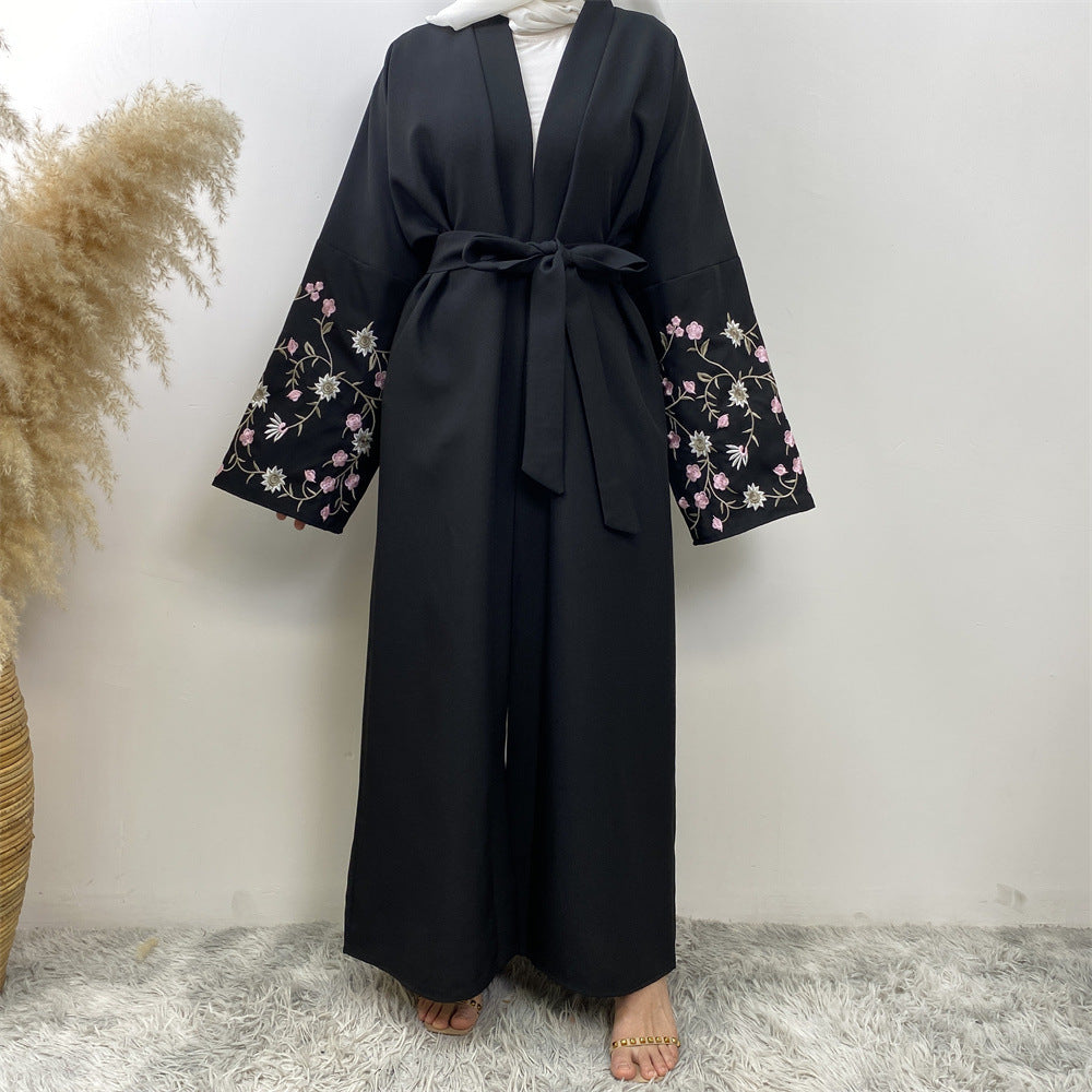 Peach Blossom Cotton Hemp Embroidery Abaya