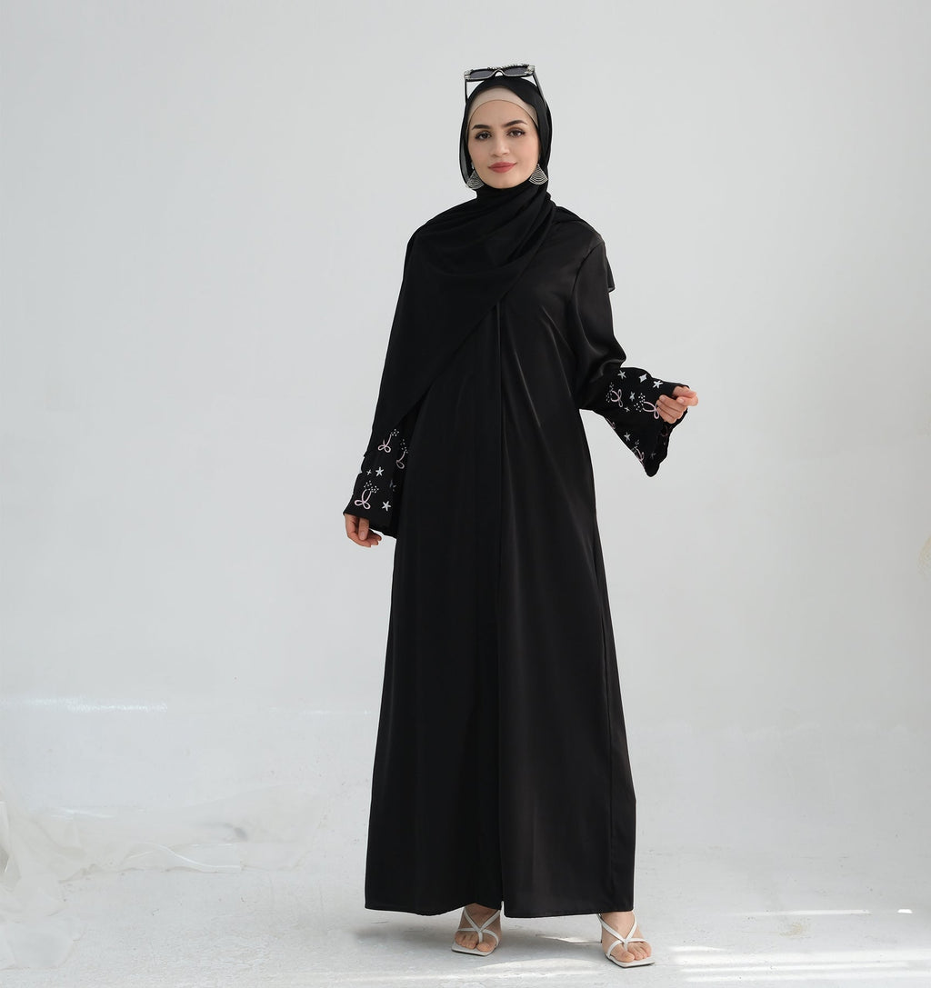 Bow Embroidery Kimono Open Abaya with Hijab