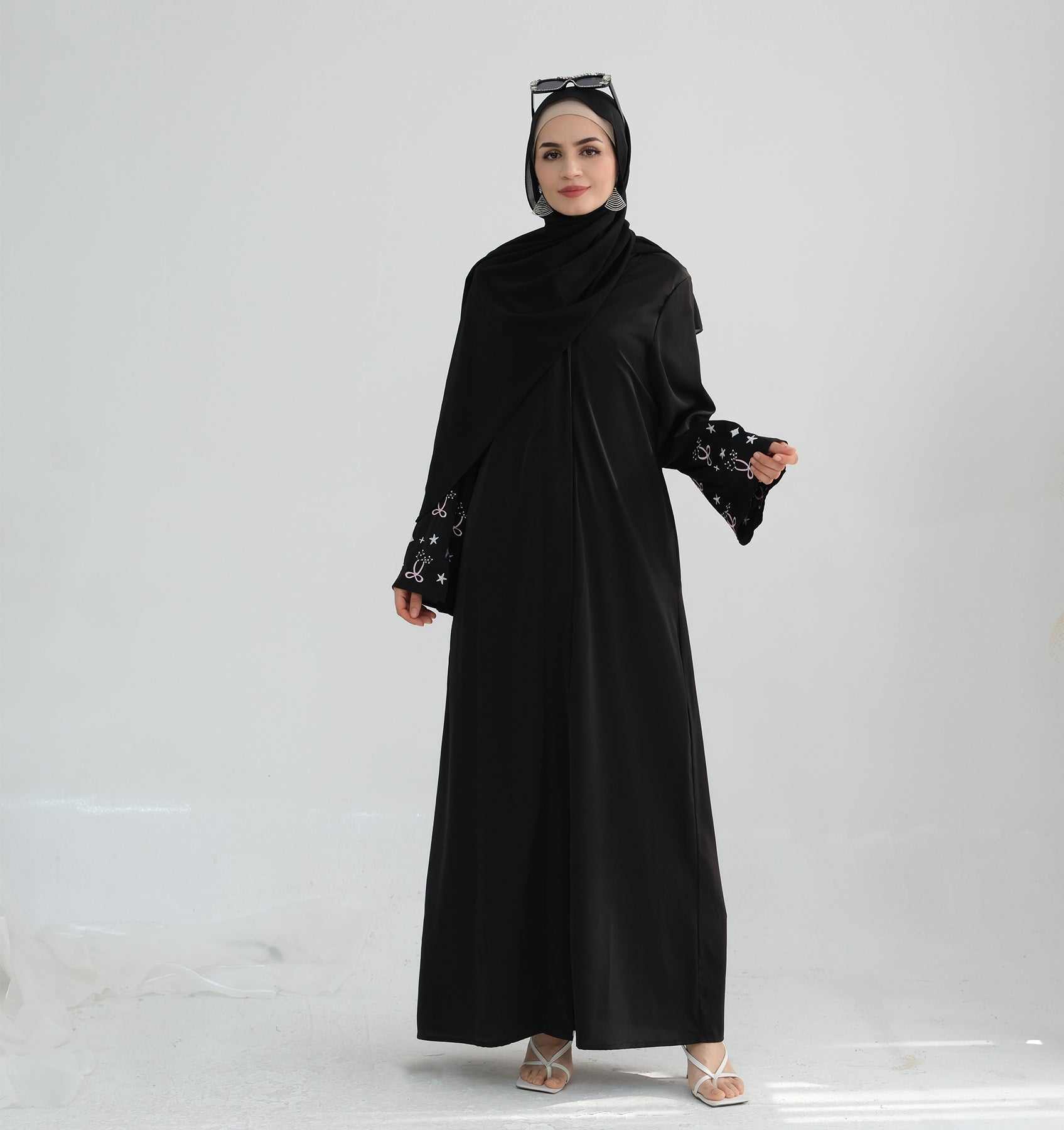 Bow Embroidery Kimono Open Abaya with Hijab