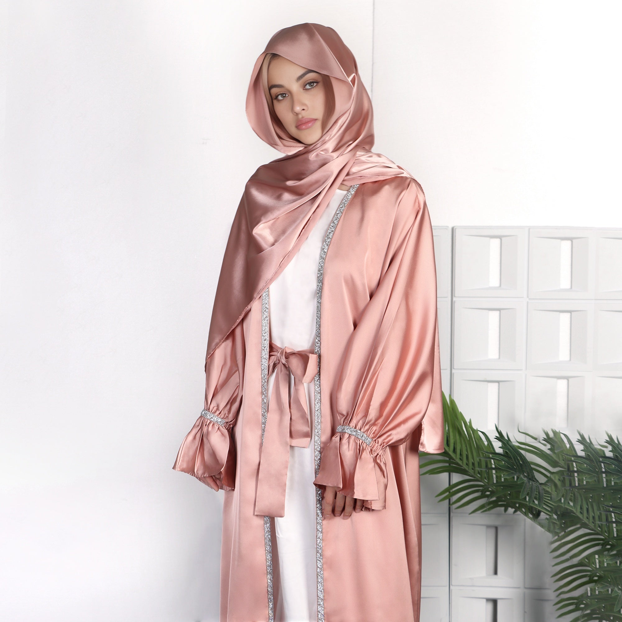 Satin Open Abaya With Belt
