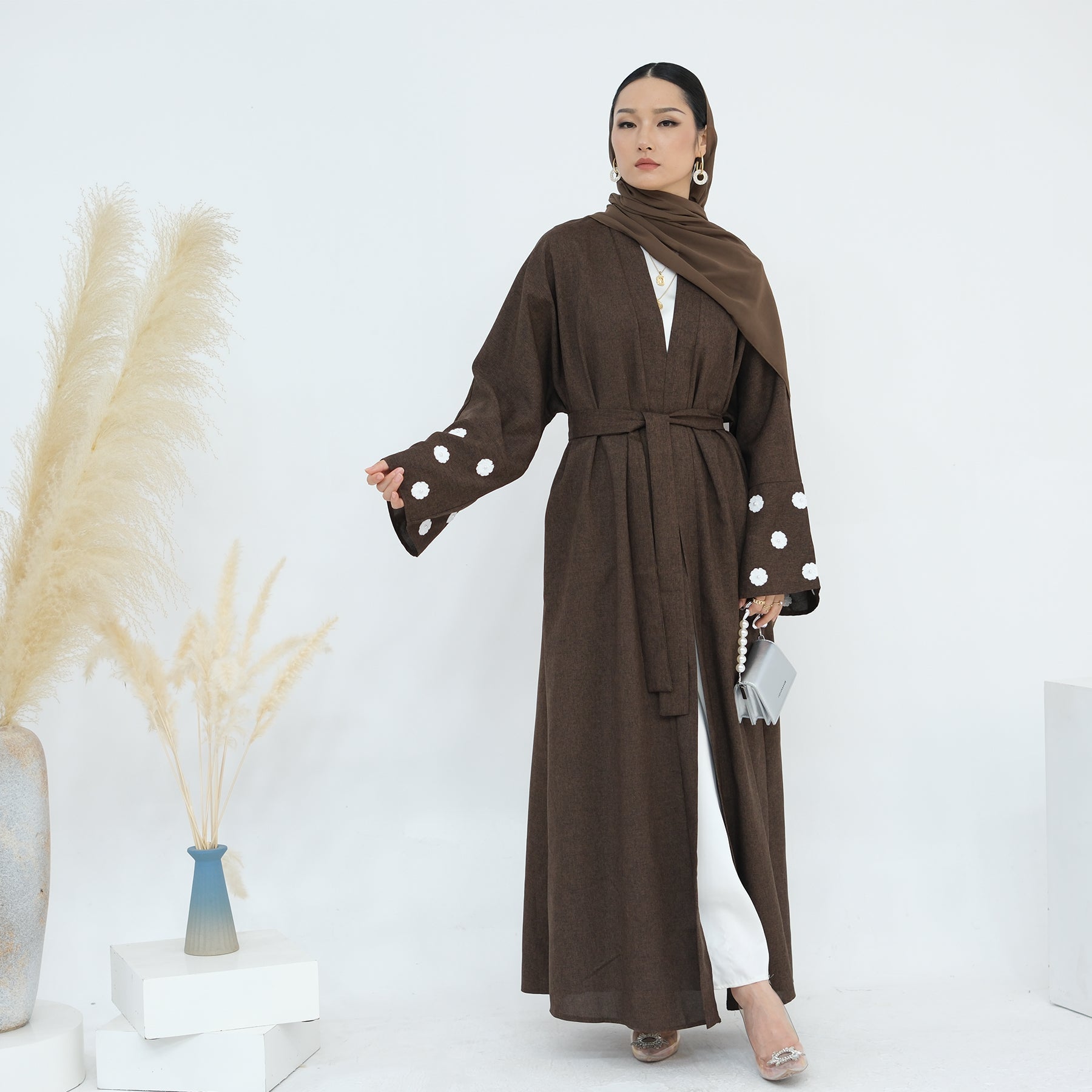 Floral Embroidery Linen Open Abaya