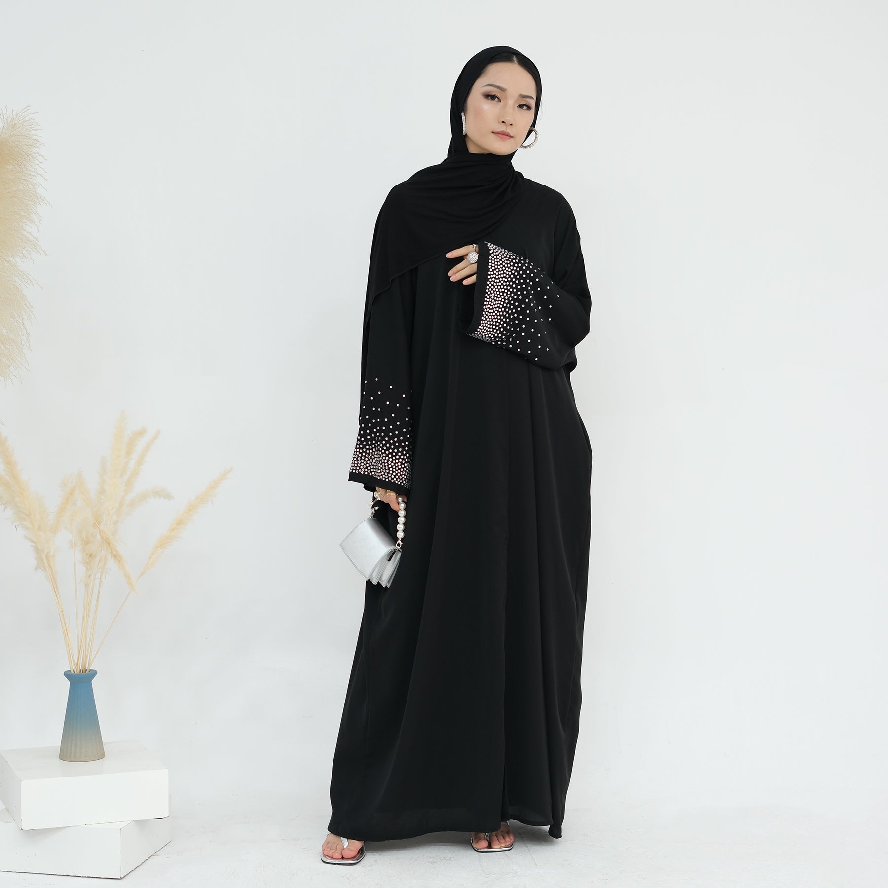 Elegant Rhinestone Open Abaya