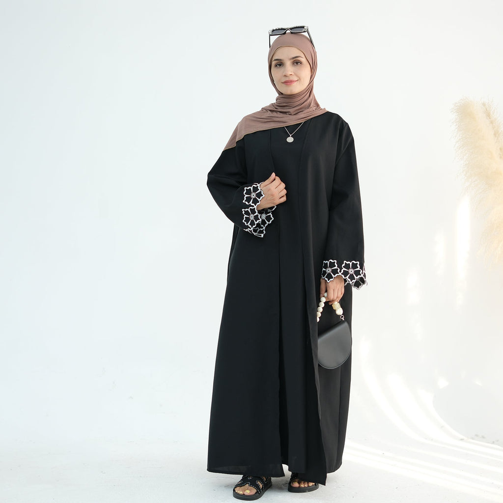 2 Pcs Embroidered Floral Abaya