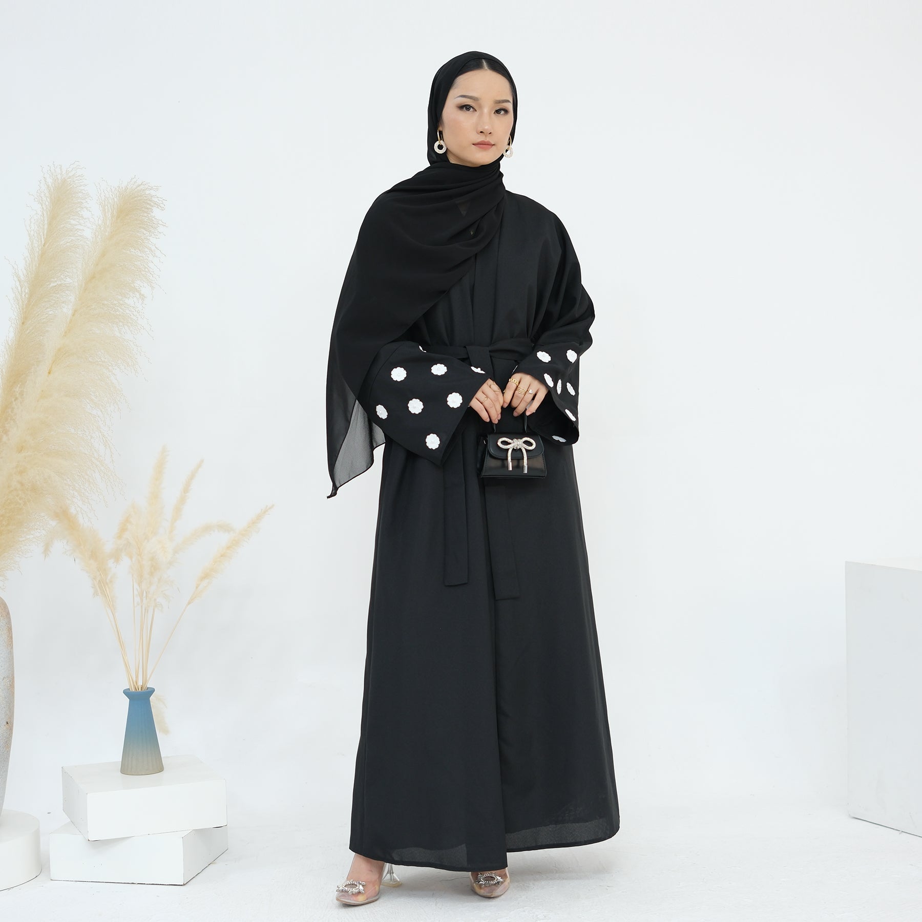 Floral Embroidery Linen Open Abaya