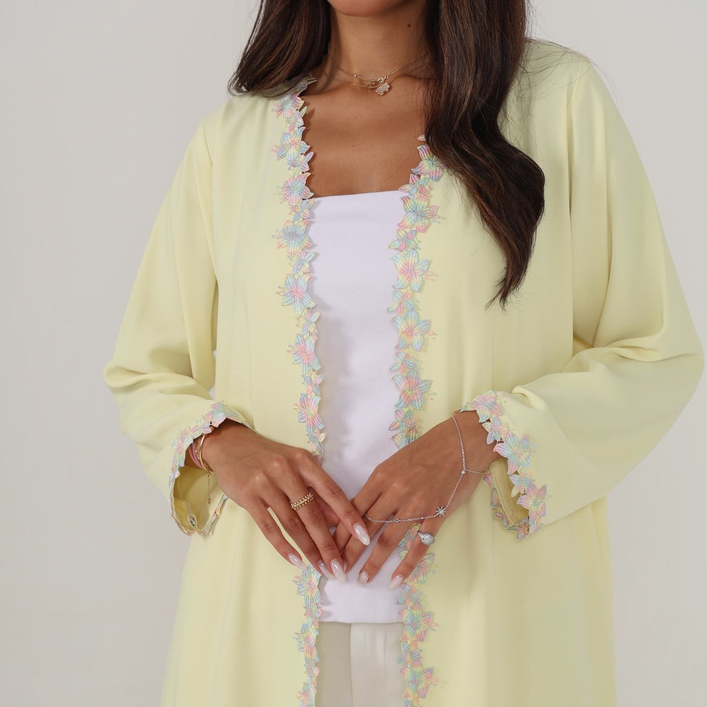 Pastel Bloom Embroidered Yellow Abaya with Hijab